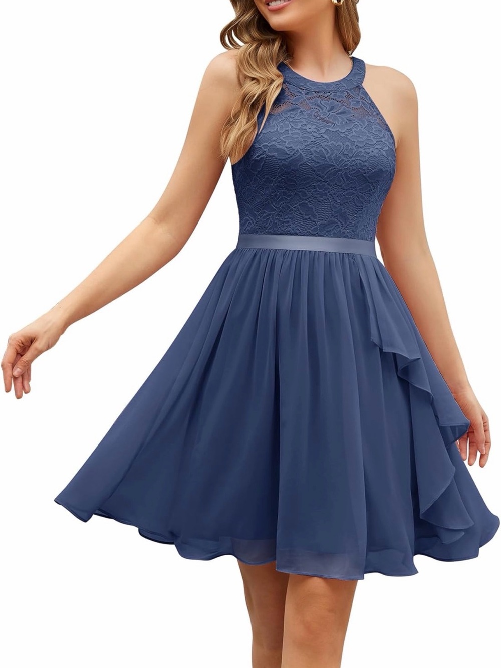 NWT Halter Lace Bodice Mini Dress in Grayish Blue Purple color, Medium